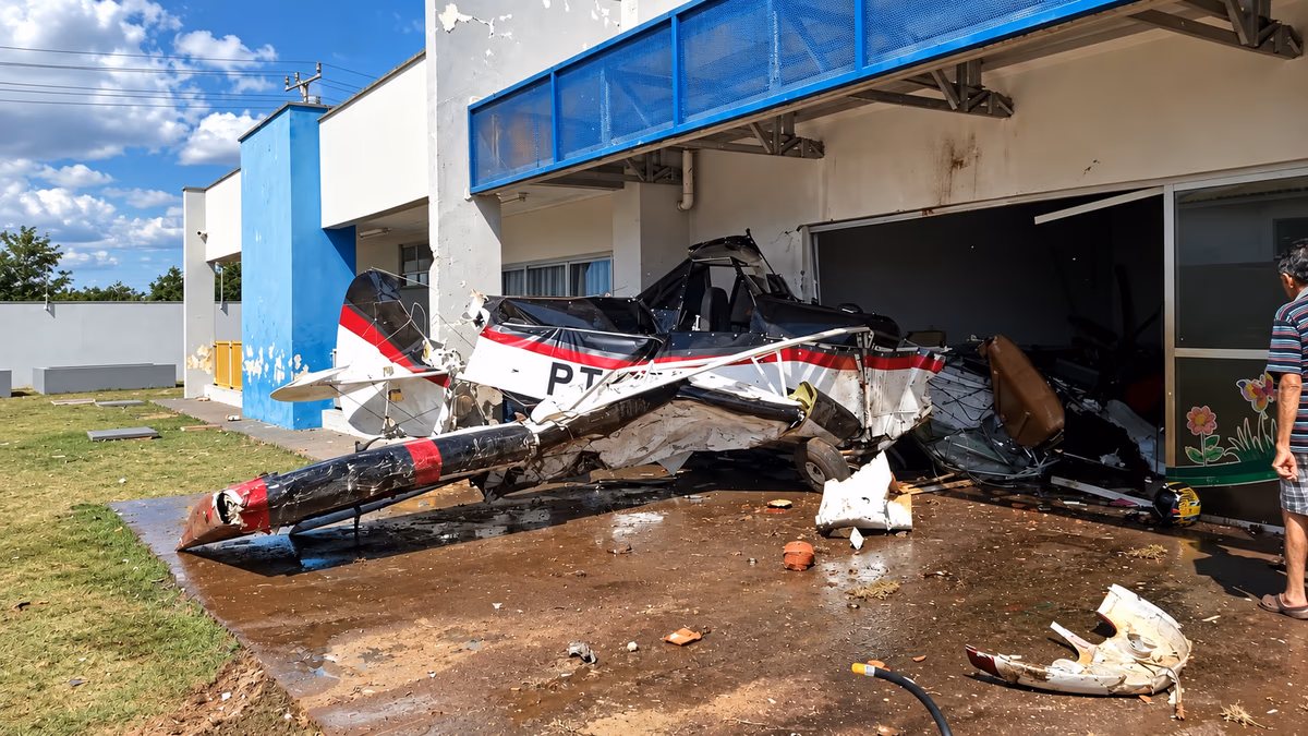 Avião cai sobre creche e deixa piloto ferido em Campo Verde